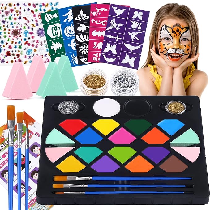 BOBISUKA Face Painting Kit for Kids - 16 Colors Water Based Body Face Paint Includes Brushes,Sponges,Glitters,Gem Sheet,Instructions,Stencils for Halloween Party Costume SFX Makeup-CubbioJoy