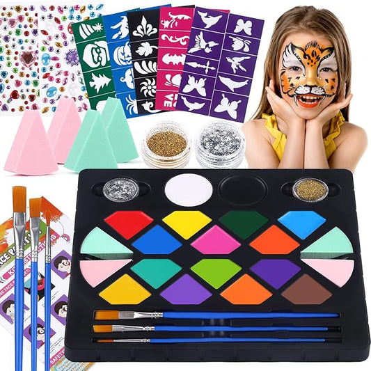 BOBISUKA Face Painting Kit for Kids - 16 Colors Water Based Body Face Paint Includes Brushes,Sponges,Glitters,Gem Sheet,Instructions,Stencils for Halloween Party Costume SFX Makeup-CubbioJoy