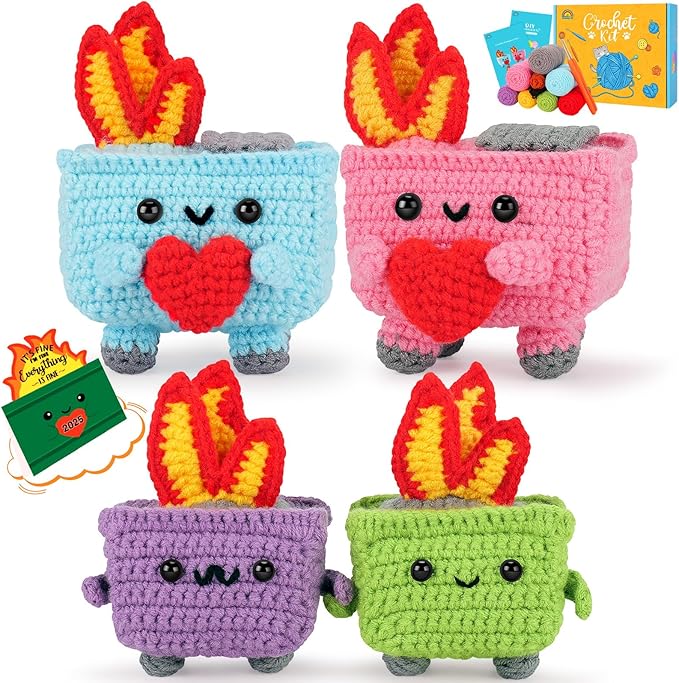 Crochet Kit for Beginners - 4PCS Dumpster Fire Complete Crochet Starter Kit with Step-by-Step Video Tutorials, Beginner Crochet Kits for Adults Kids Women, Funny Crochet Gifts-CubbioJoy