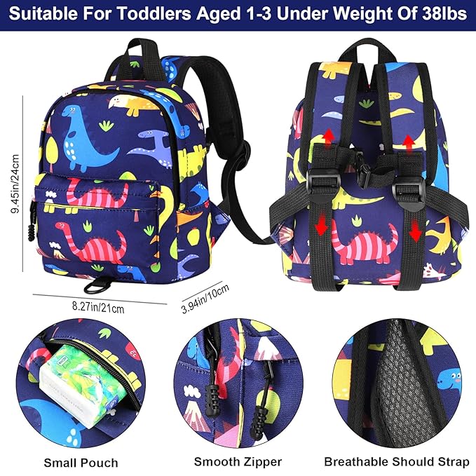 Accmor Toddler Backpack Leash with Anti Lost Wrist Link, Cute Mini Child Walking Harnesses Keep Kids Close Back Pack Rope Tether Rein for Baby Boys (Navy Blue/Dino)-CubbioJoy