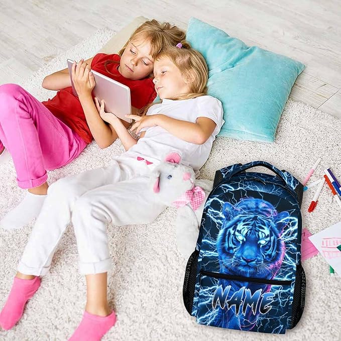 Boys School Backpack, Personalized Tiger Backpacks with Name for Kids Kindergarten Primary Senior Middle, 17 Inch Durable Personalized Cool Lightning Bookbag for School-CubbioJoy