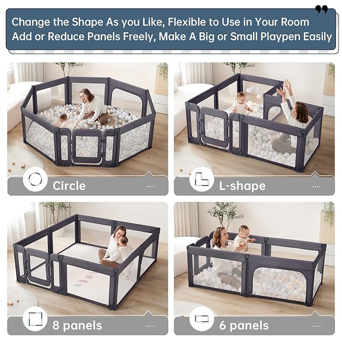 Baby Playpen,Large Play Pen for Babies and Toddlers with Door 79x71 Inch, Adjustable Playpen Non-Slip Suction Cups Base Safe and Sturdy, Indoor Outdoor Playard,Black-CubbioJoy