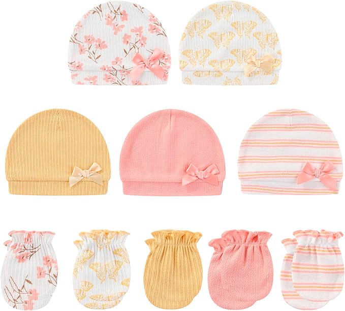 Baby Hat and Mittens Set Cotton Newborn Baby Hats Caps for Boys and Girls, 0-6 Months-CubbioJoy