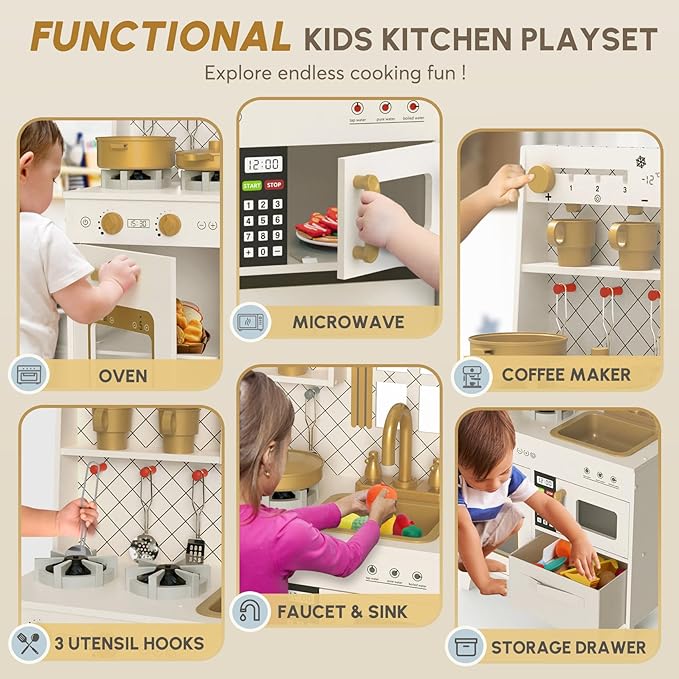 BIERUM Play Kitchen with Realistic Lights & Sounds, Wooden Kitchen Playset Chef Pretend Play Set for Toddlers, Toy Kitchen with 26 Pcs Toy Food & Cookware Accessories, Gift for Ages 3+-CubbioJoy
