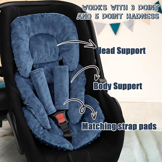 Infant Car Seat Insert Head and Body Support, GFU Reversible Newborn Insert for Carseat with Strap Pads, Soft Stroller Cushion Pillow Insert for Boys and Girls, Fits for Stroller, Swing, Blue-CubbioJoy
