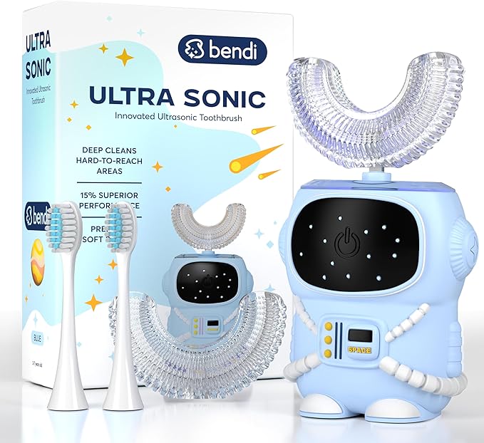 Bendi Kids U-Shaped Electric Toothbrush Ages 2-7 – 360° Mouthguard Design with Memory, 5 Brushing Modes & Multiple Heads Soft Silicone Auto Toothbrush for Toddlers & Children – Travel-Friendly (Blue)-CubbioJoy