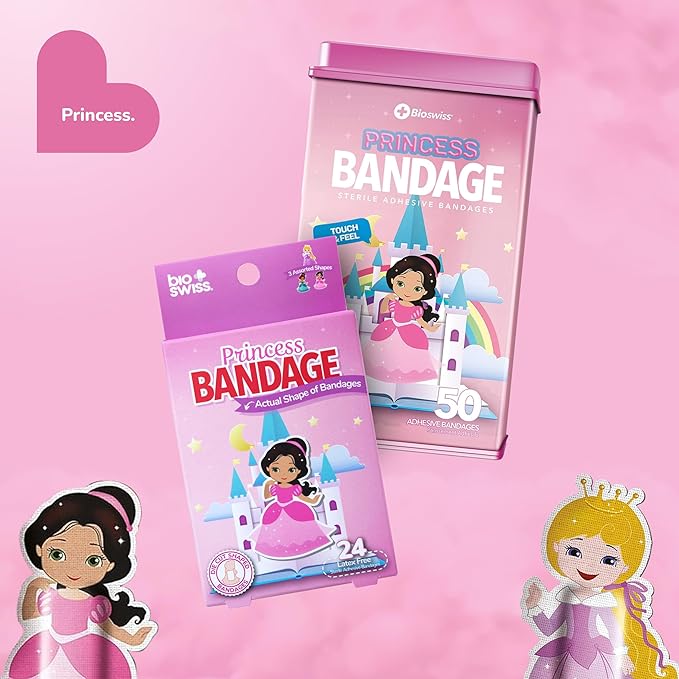 BioSwiss Bandages, Princess Shaped Self Adhesive Bandage, Latex Free Sterile Wound Care, Fun First Aid Kit Supplies for Kids, 50 Count-CubbioJoy