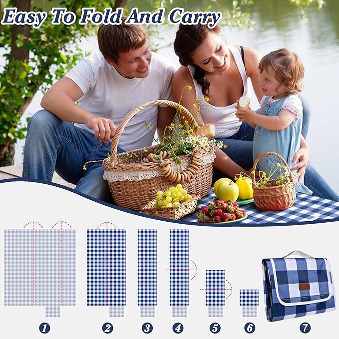 80"x60" Waterproof Sandproof Picnic Mat - Portable Foldable Outdoor Blanket for Beach, Park, Travel & Indoor Use - Lightweight Compact Design, Easy-Carry (Blue&White)-CubbioJoy