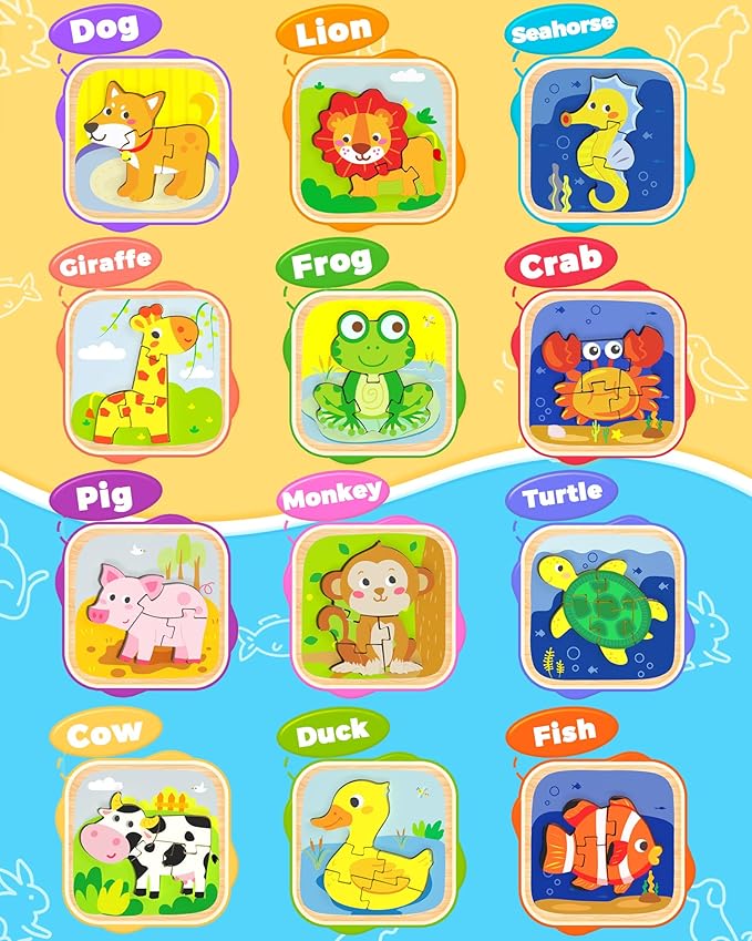 Benresive Wooden Toddler Puzzles, 12pcs Animal Montessori Toys for 1-3 Year Old Boys & Girls, Learning Educational Preschool Toys, Great Gifts for 1 2 3 Year Olds-CubbioJoy