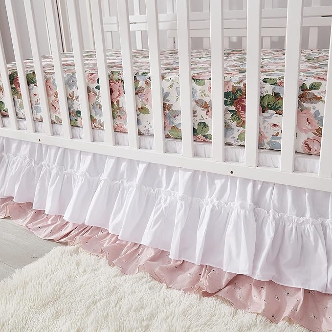 Brandream French Country Garden Floral Crib Bedding Sets for Girls Baby Nursery Bedding Set 3 Piece Ruffled Baby Quilt, Crib Sheet, Crib Skirt - White Blush Pink Green-CubbioJoy