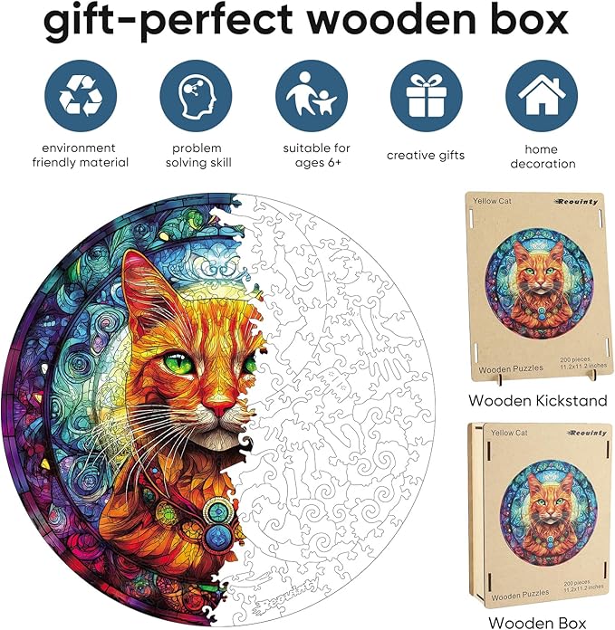 Cool Wooden Puzzle for Adults 500 Piece, Yellow Cat Wooden Jigsaw Puzzles, Beautiful Wooden Puzzle with Box Birthday Gifts for Adults and Kids Family Game(16.5 * 16.5in)-CubbioJoy