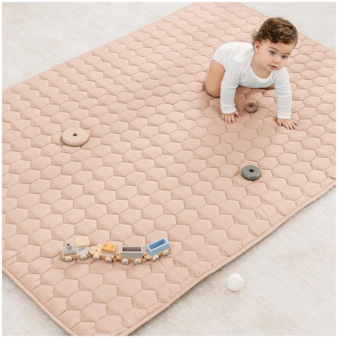 Comfy Cubs Rectangle Kids Play Mat - Medium 48 x 72 inches Soft Quilted Baby Floor Mat with Non-Slip Bottom - Plush Design for Toddlers Playtime and Relaxation - Comfortable and Durable - Blush-CubbioJoy
