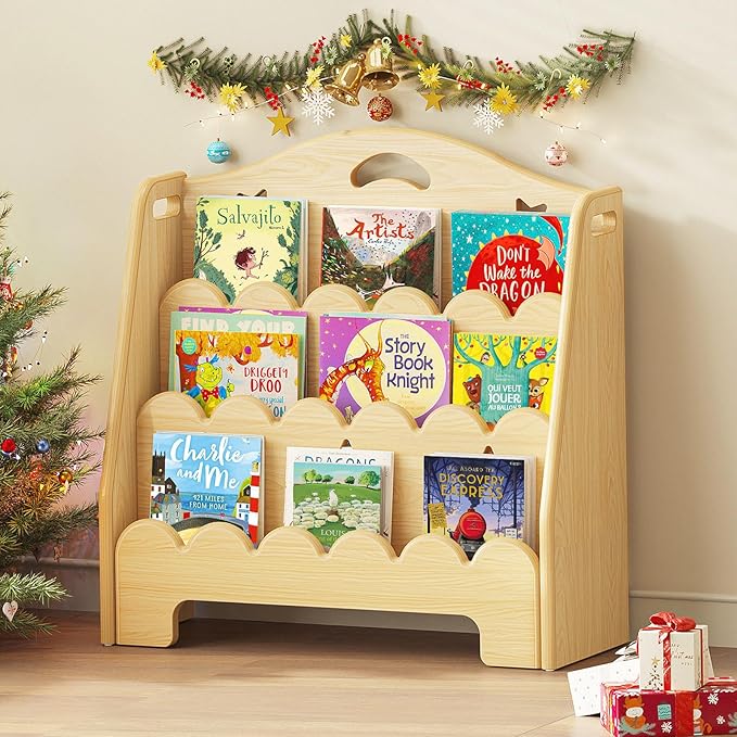 3-Tier Montessori Wooden Bookshelf for Kids, Toddler Book Rack Toy Organizer and Storage, Small Book Display Stand for Baby, Bookshelves Furniture for Classroom, Nursery, Playroom, Library-CubbioJoy