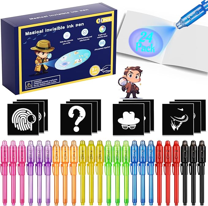 Invisible Ink Pen 24Pcs+ Notebooks, Spy Pens with UV Light, Magic Marker, Classroom Prize, Birthday Party Favors for Kids 8-12, Kids Stocking Stuffers-CubbioJoy