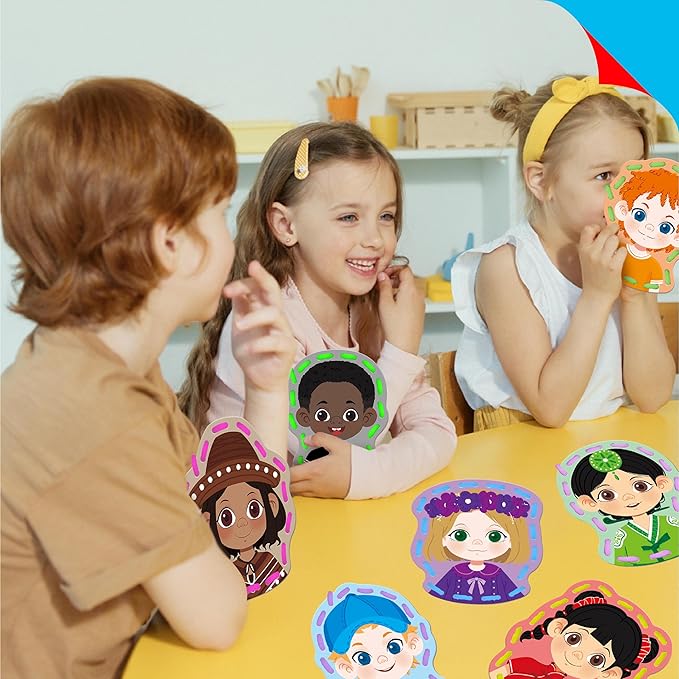 9 Pieces Happy Face Lacing Cards, 9 Double Sided Color Sewing Cards with 9 Colorful Laces, Educational & Learning Activity Games, Imagination Development Lacing Toys for Preschoolers, Kids-CubbioJoy