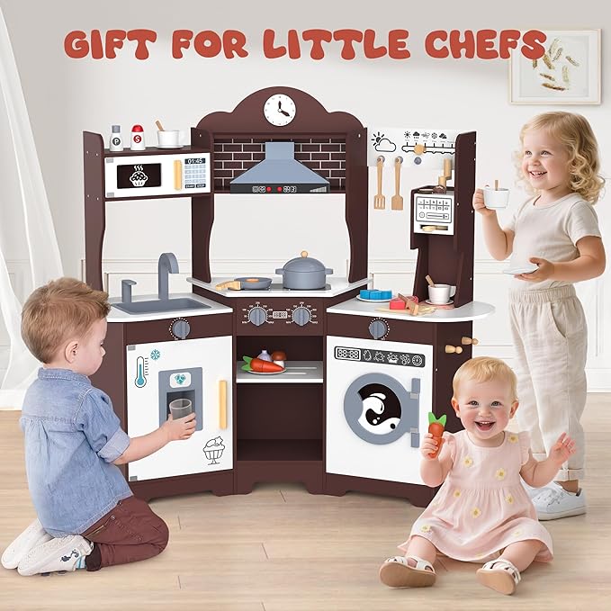 ANPABO Play Kitchen for Kids, Wooden Kitchen Playset w/Real Lights & Sounds, Coffee & Ice Maker, Microwave, Stove, 30Pcs Accessories Include Play Food, Pretend Play Set for Boys & Girls, Espresso-CubbioJoy