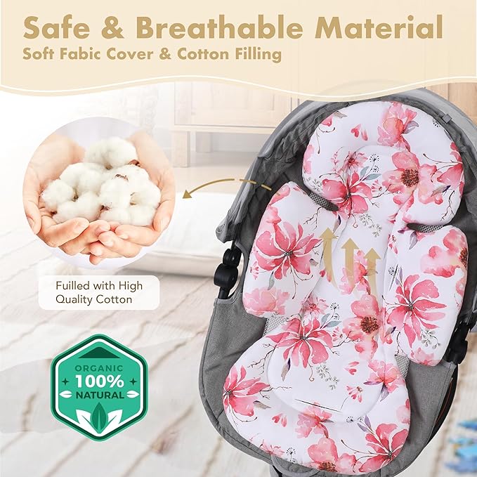 Infant Car Seat Insert, 2-in-1 Head & Body Carseat Support for Baby Newborn Toddler with Strap Covers, Reversible Ultra-Soft Cushion for Baby Carseat, Stroller, Swing & Bouncer-CubbioJoy