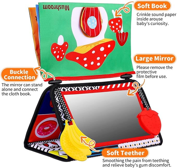 Baby Mirror Tummy Time Toys 0-3 3-6 Months Sensory Crinkle Baby Books Black and White High Contrast Baby Toys for Newborn Infant Montessori Car Seat Toys 0-6 Month Boy Girl Easter Basket Stuffers Gift-CubbioJoy