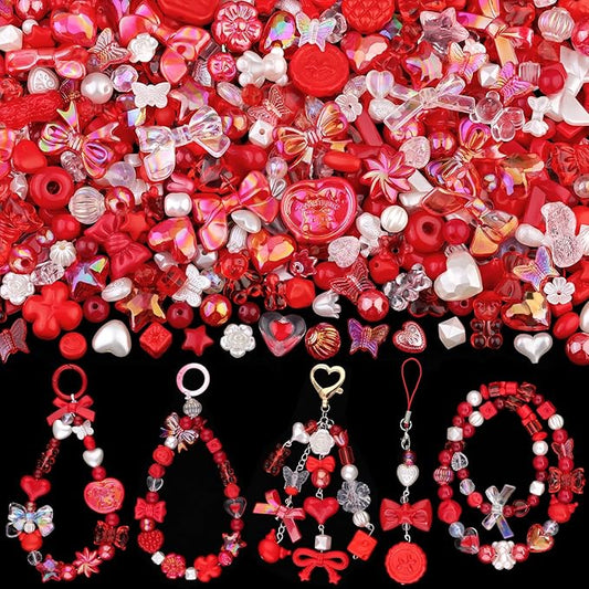 Assorted 170-230PCS Red Acrylic Beads for Bracelet Making, Flower Bow Butterfly Candy GummyBear Aesthetic Bracelet Charms,Cute Beads for Jewelry Making DIY Necklace Keychain Phone Charm-CubbioJoy