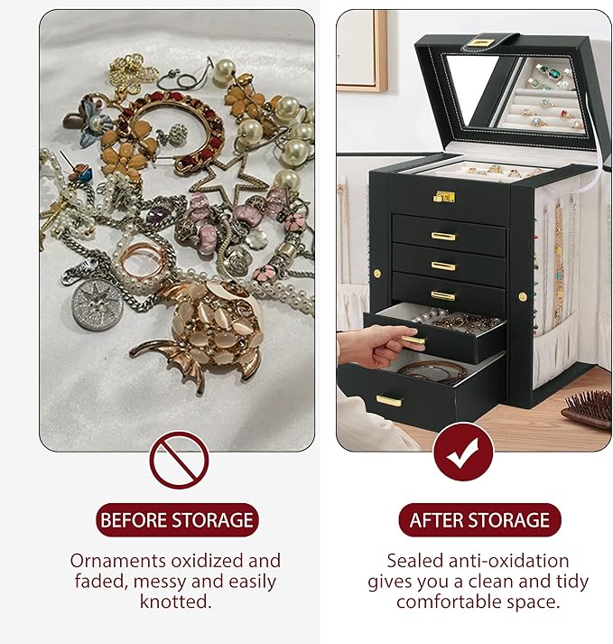 AKOZLIN Jewelry Box Organizer Functional Leather Jewelry Storage Case for Women Girls Ring Necklace Earring Bracelet Holder Organizer with Mirror Black-CubbioJoy