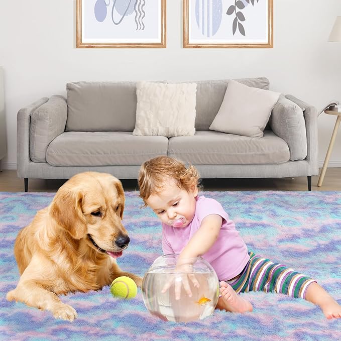 4x5.8 Rainbow Rug for Girls Room, Fluffy Area Rugs for Bedroom, Colorful Kids Rug Cute Anti-Skid Indoor Carpet for Nursery, Living Room, Playroom, Home Decor-CubbioJoy