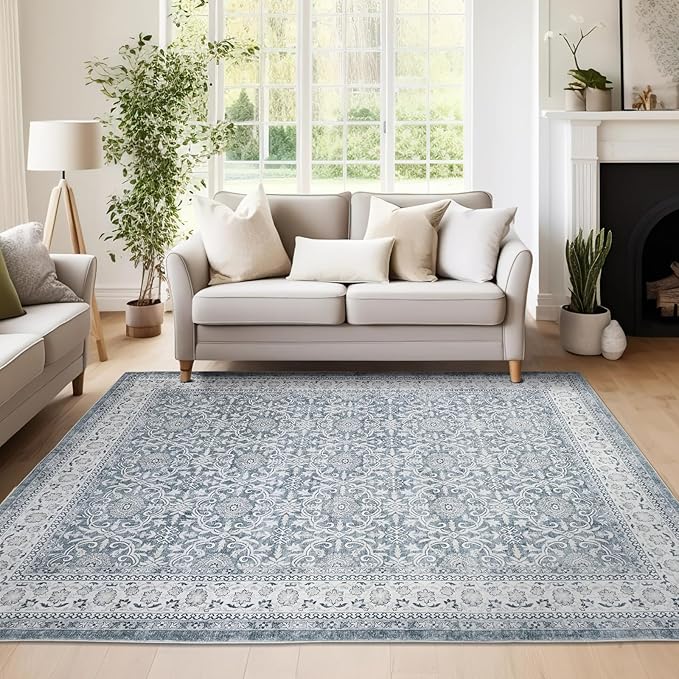 jinchan Floral Area Rugs 4x6 - Machine Washable Vintage Distressed Boho Design Throw Rug Stain Resistant Carpet Low Pile Ultra-Thin Non-Slip for Bedroom Living Room Dining Room Kitchen (4‘x6',Grey)-CubbioJoy