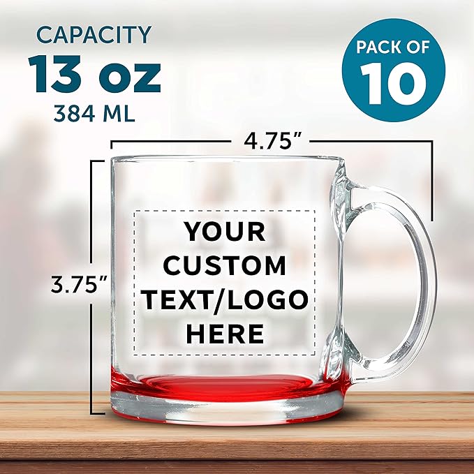 Custom Libbey Clear Glass Coffee Mugs 13 oz. Set of 10, Personalized Bulk Pack - Perfect for Coffee, Tea, Espresso, Hot Cocoa, Other Beverages - Red Bottom-CubbioJoy