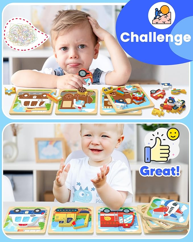Benresive Wooden Toddler Puzzles, Montessori Toys for 1 2 3 Year Old Boys, Toys for 1 2 3 Year Old Boy Birthday Gifts, 8 Pack Vehicle Toddler Learning Educational Puzzles-CubbioJoy