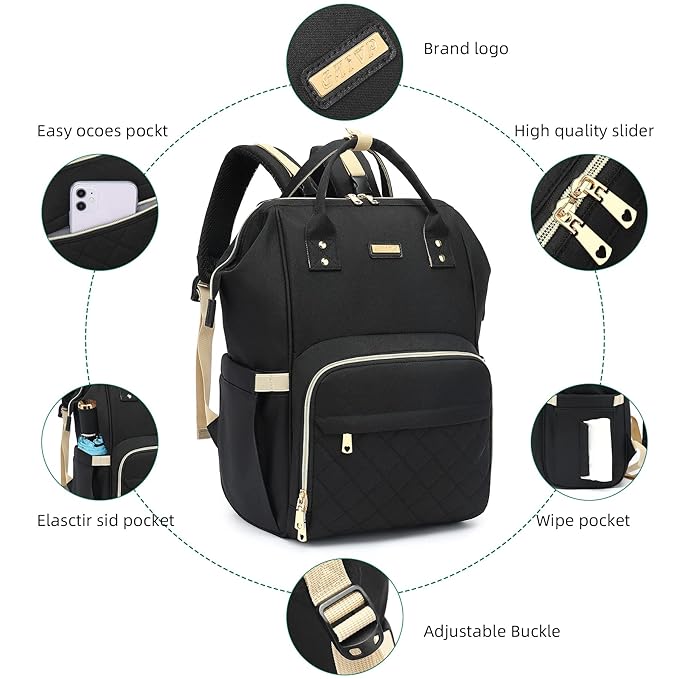 Diaper Bag Backpack, Diaper Bags for Baby Girls Boys, Baby Bags for Moms Dads, Nappy Changing Bag with Insulated Pockets,Multi-functional Waterproof Backpack with Stroller straps-Black-CubbioJoy