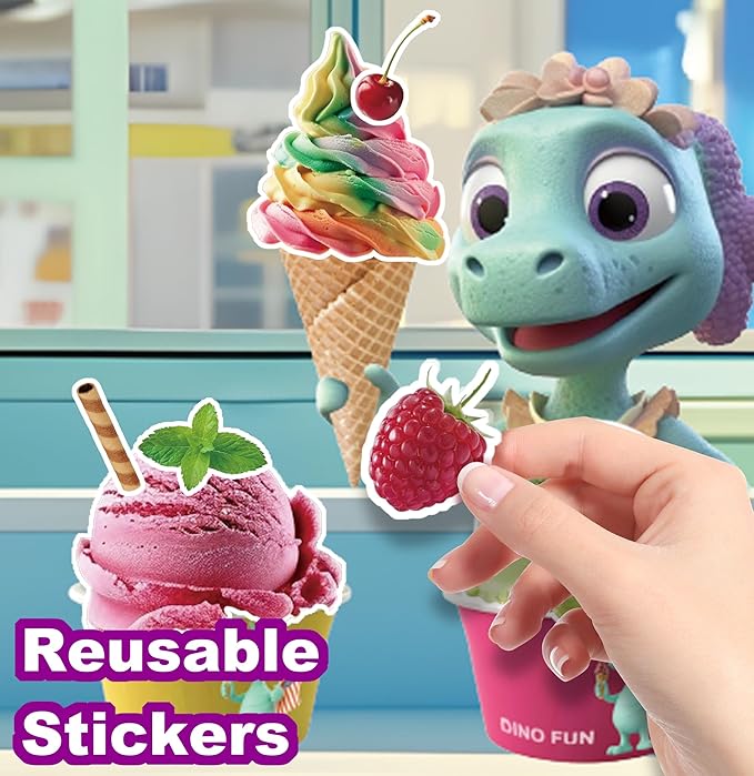 Dino Fun Cooking Food Reusable Sticker Book for Kids,11 Scenes + Over 200 Food Stickers,Treats Sticker Book for Toddlers 3-6 Years,Removable Decoration Snack Stickers,Make A Face Cupcake Sticker-CubbioJoy
