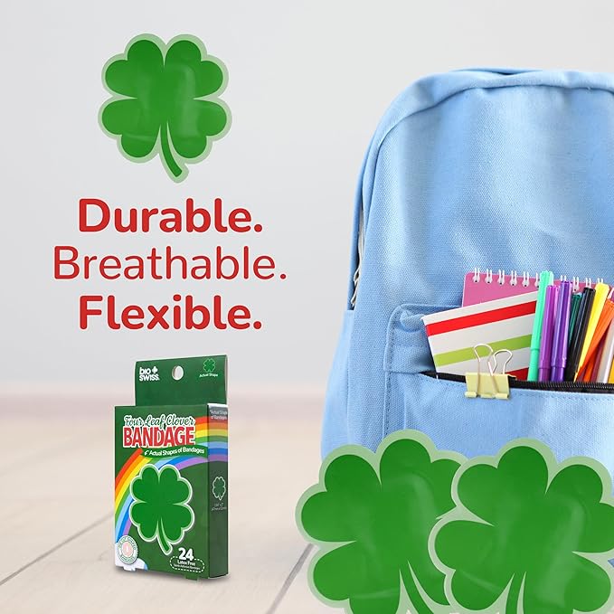 BioSwiss Bandages, 4 Leaf Clover Shaped Self Adhesive Bandage, Latex Free Wound Care, Fun First Aid Kit Supplies for Kids and Adults, 24 Count-CubbioJoy