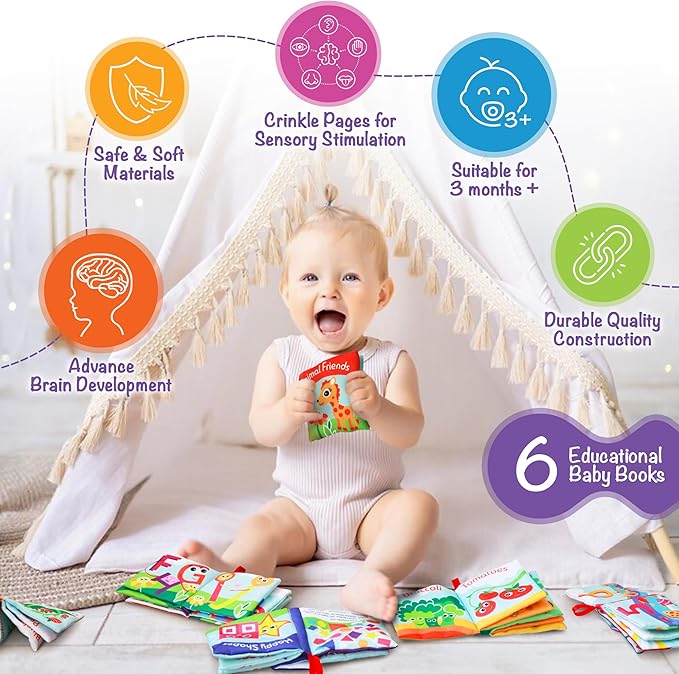 Cloth Books for Babies (Set of 6) - Premium Quality Soft Books for Babies. Touch and Feel Crinkle Paper. Cloth Books for Early Children's Development.-CubbioJoy