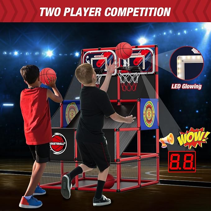 2 in 1 Dual Shot Basketball Arcade Game with 2 Dart Boards/Electronic Scoreboard/LED Light, Kids Basketball Hoop for Home Indoor Outdoor, Sport Toys Gifts for Boys Girls-CubbioJoy