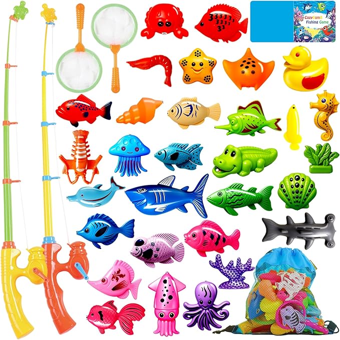 CozyBomB™ Magnetic Fishing Toys Game Set for Kids | Water Table Bathtub Kiddie Pool Party & Pole Rod Net, Plastic Floating Fish Toddler Color Ocean Sea Animals Birthday Age 3 4 5 6 Year-CubbioJoy