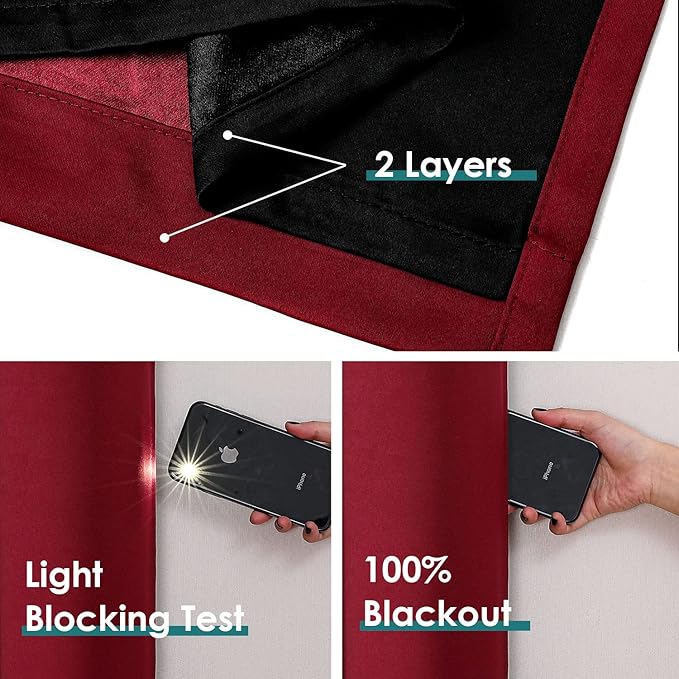 ChrisDowa 100% Blackout Curtains 80 inch Long for Bedroom with Black Liner, 2 Thick Layers Total Blackout Thermal Insulated Grommet Window Curtains 2 Panels Set (Burgundy, 52 x 80 Inch)-CubbioJoy