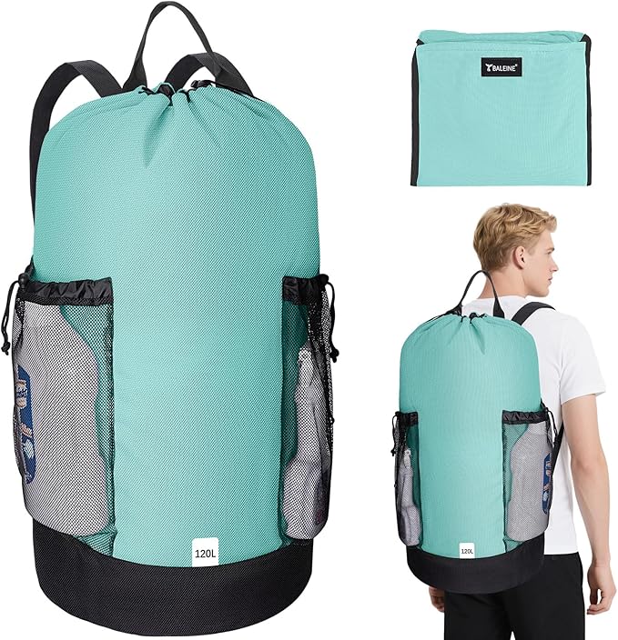 BALEINE 120L Laundry Bag Backpack, 900D Oxford Fabric Large Travel Laundry Bags with Shoulder Straps and 2 Mesh Pockets for College Dorm, Apartment, Laundromat (Sky Blue, 120L)-CubbioJoy