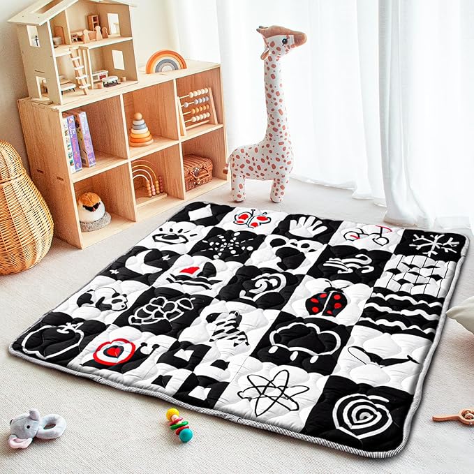 Baby Play Mats for Floor, Upgraded Thick Soft 50x50 Playpen Mat, Anti-Slip Bottom, Foldable and Machine Washable Playmat for Babies and Toddlers Infants(High Contrast)-CubbioJoy