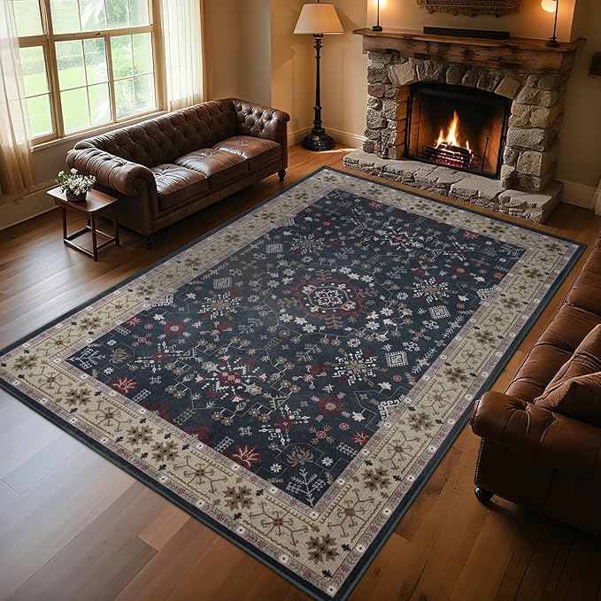 6x9 Washable Blue Area Rug for Living Room Bedroom, Boho Dining Room Rugs for Under Table, Large Low Pile Non-Slip Vintage Print Carpets for Farmhouse, Office, Dorm-CubbioJoy