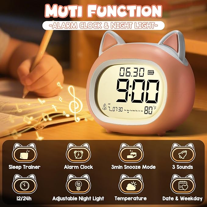 Kids Alarm Clock with Night Light for Kids, Small Digital Alarm Clocks for Bedrooms, Routine Builder, Cute Cat Alarm Clock with Sleep Training, Snooze, 12/24H, Date & Day, Temperature, USB Port-CubbioJoy