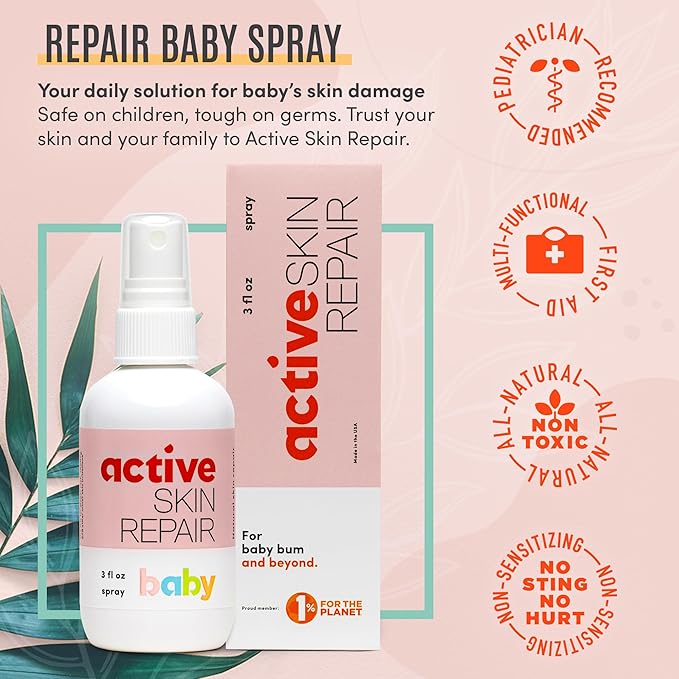 Active Skin Repair Natural, Non-Toxic, No Sting Baby Spray First Aid Safe For Use on Diaper Rash, Baby Acne, Eczema, Cuts, Wounds, Scrapes, and Other Skin Irritations (3 oz. Spray)-CubbioJoy