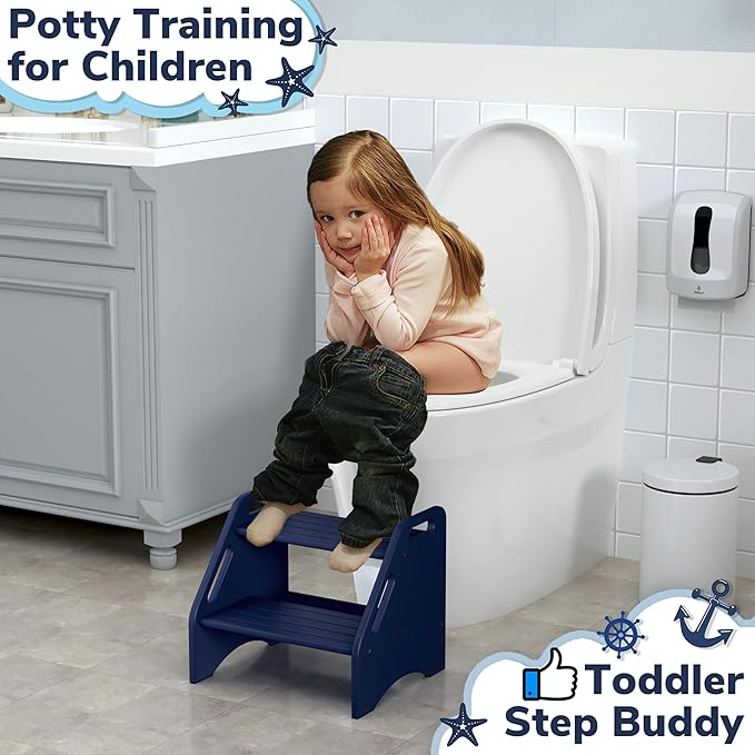 AMBIRD Wooden Step Stool, Two Step Stools Toddler 300 lbs Capacity with Safety Non-Slip Pads and Handles, Bamboo Step Stool for Bathroom, Kitchen Dual Height Step Stools for Kids (Navy Blue)-CubbioJoy