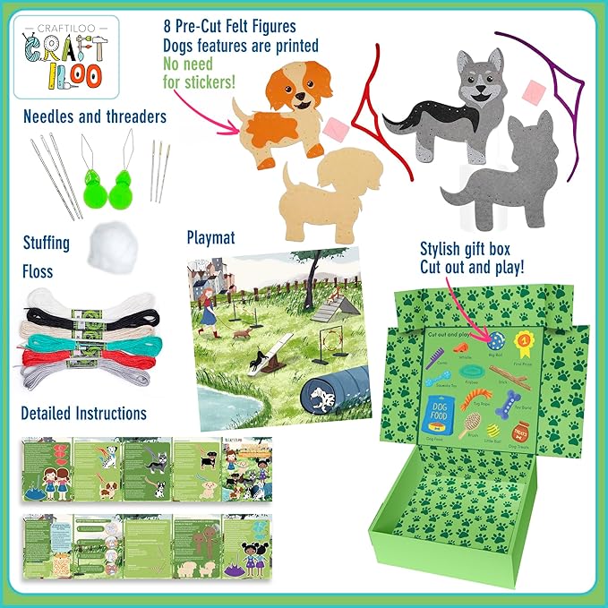 CRAFTILOO 8 Pre-Cut Dogs Stuffed Animal Fun Kids Sewing Kit for Kids Ages 8-12 Children Beginners Sewing kit Kid Puppy Crafts Felt Pillow Plush Craft Kit Girls and Boys-CubbioJoy