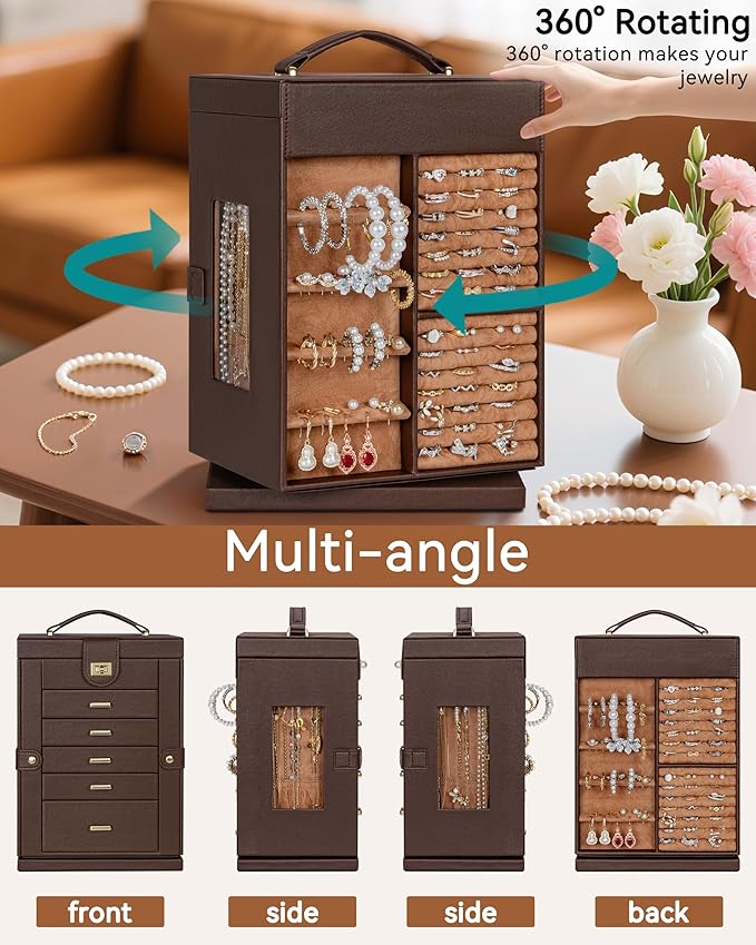 AKOZLIN 360° Rotating Jewelry Box 6-Tier Organizer Functional 360° Rotating Jewelry Storage Case for Women Girls Ring Necklace Earring Bracelet Holder with Mirror Brown-CubbioJoy