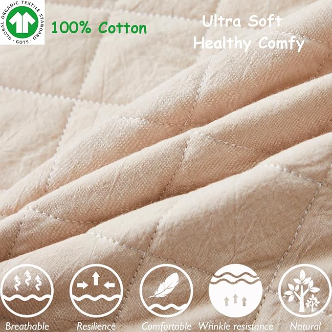 Brandream 3 Pieces Crib Bedding Set for Girls or Boys Quilt,Crib Sheet,Dust Ruffle Skirt, 100% Washed Cotton Like Linen Supersoft Farmhouse Chic Boho Beige Classic Quilted Plaid Design-CubbioJoy