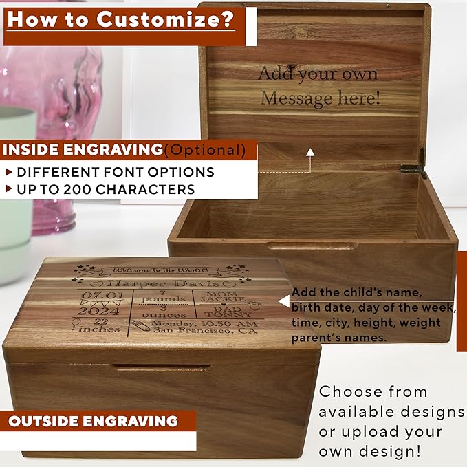 Baby Welcome Box - Personalized Gift for Baby Shower, Newborn Memory Box with Engraved Birth Statistics, Newborn Acacia Wood Large Chest, New Parents Gift Babies Keepsake, Boy & Girl, 11,5x8,5x5,5 in-CubbioJoy