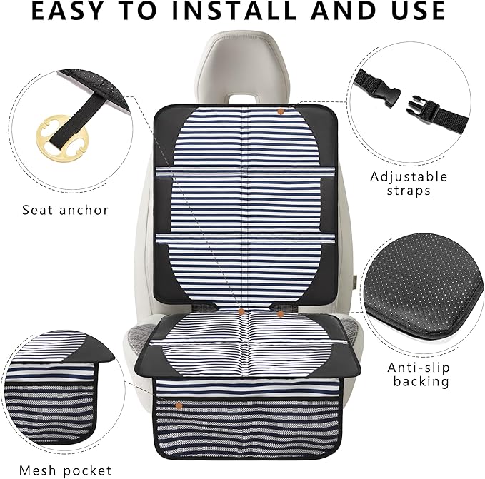 Car Seat Protector for Child Car Seat, 2 Pack Baby Car Seat Covers with Mesh Pockets & Non-Slip Backing 600D Durable Seat Protector Under Baby Car Seat for Car Back Seat (Stripe, Large)-CubbioJoy