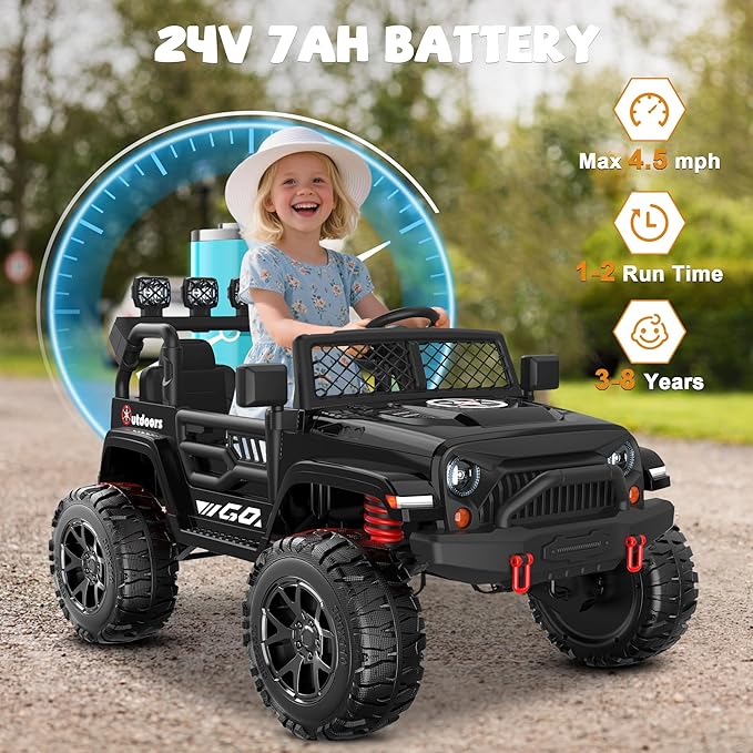 ANPABO 24V 2 Seater Ride On Car for Kids w/EVA Tires, 4X200W Motors, 4 Shock Absorbers, 2.4G Remote Control, Bluetooth Radio, LED Headlights & Searchlights, Electric Car for Kids Ages 3-8, Black-CubbioJoy