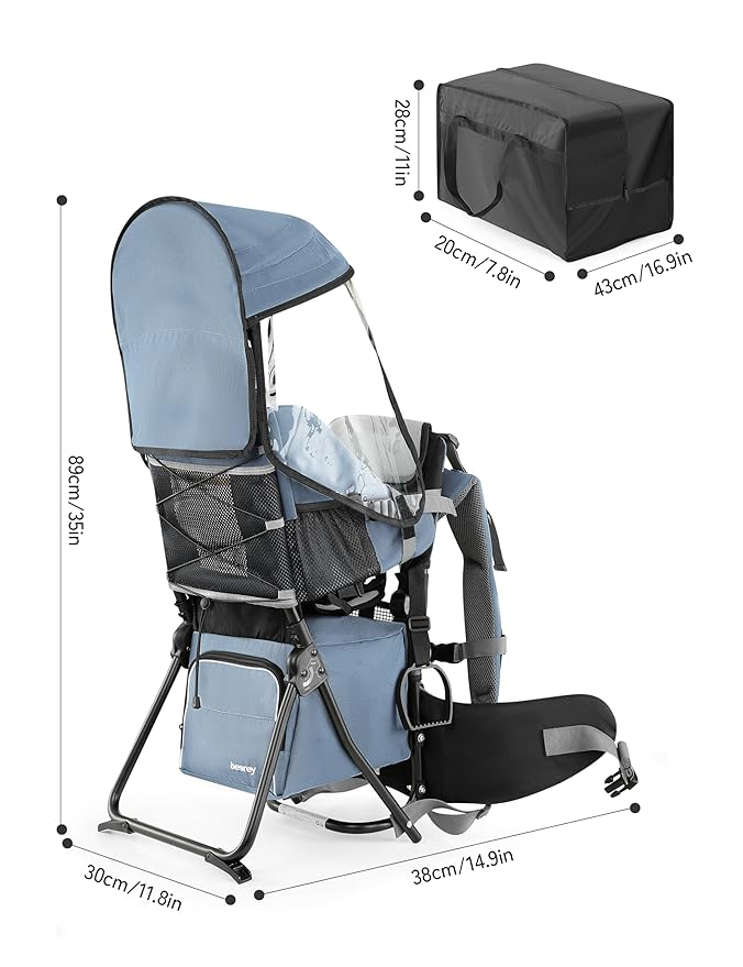 besrey Baby Backpack Carrier, Toddler Hiking Backpack with Safety 3-Height Seat, Adjustable Straps&Waist Belt, Foldable Frame Lightweight Large Capacity Child Carrier for Hiking (Haze Blue)-CubbioJoy