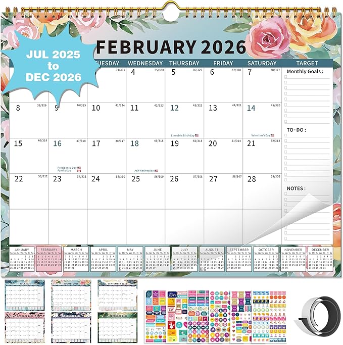 2025-2026Calendar, 18 Month Wall Calendar 2025-2026 Hanging Spiral Bound Magnetic Fridge Desk Calendars 15" x 12", Jul 2025 - Dec 2026, A- Small Rainbow-CubbioJoy