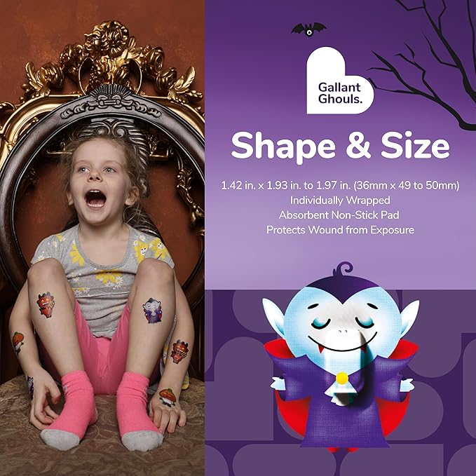 BioSwiss Bandages, Halloween Ghouls Shaped Self Adhesive Bandage, Latex Free Sterile Wound Care, Fun First Aid Kit Supplies for Kids and Adults, 50 Count-CubbioJoy